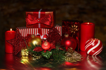 Christmas decoration and gift boxes on dark background