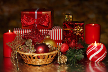 Fototapeta na wymiar Christmas decoration and gift boxes on dark background
