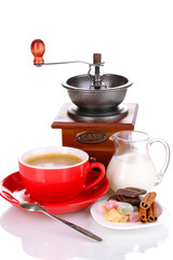 Red cup of coffee with rahat delight and coffee mill isolated