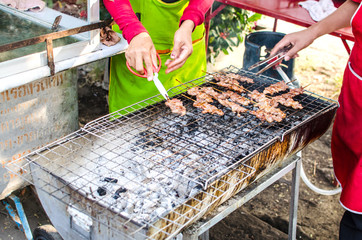 Grilling pig on Sticks is Thailand food