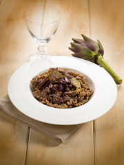 integral pasta with artichoke and chicory, vegetarian food