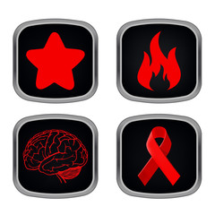 set of web buttons with signs of stars. brain. ribbon. fire