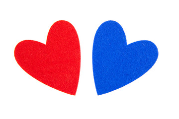 Red and blue hearts on white background