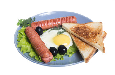 breakfast with sausages, toast and egg