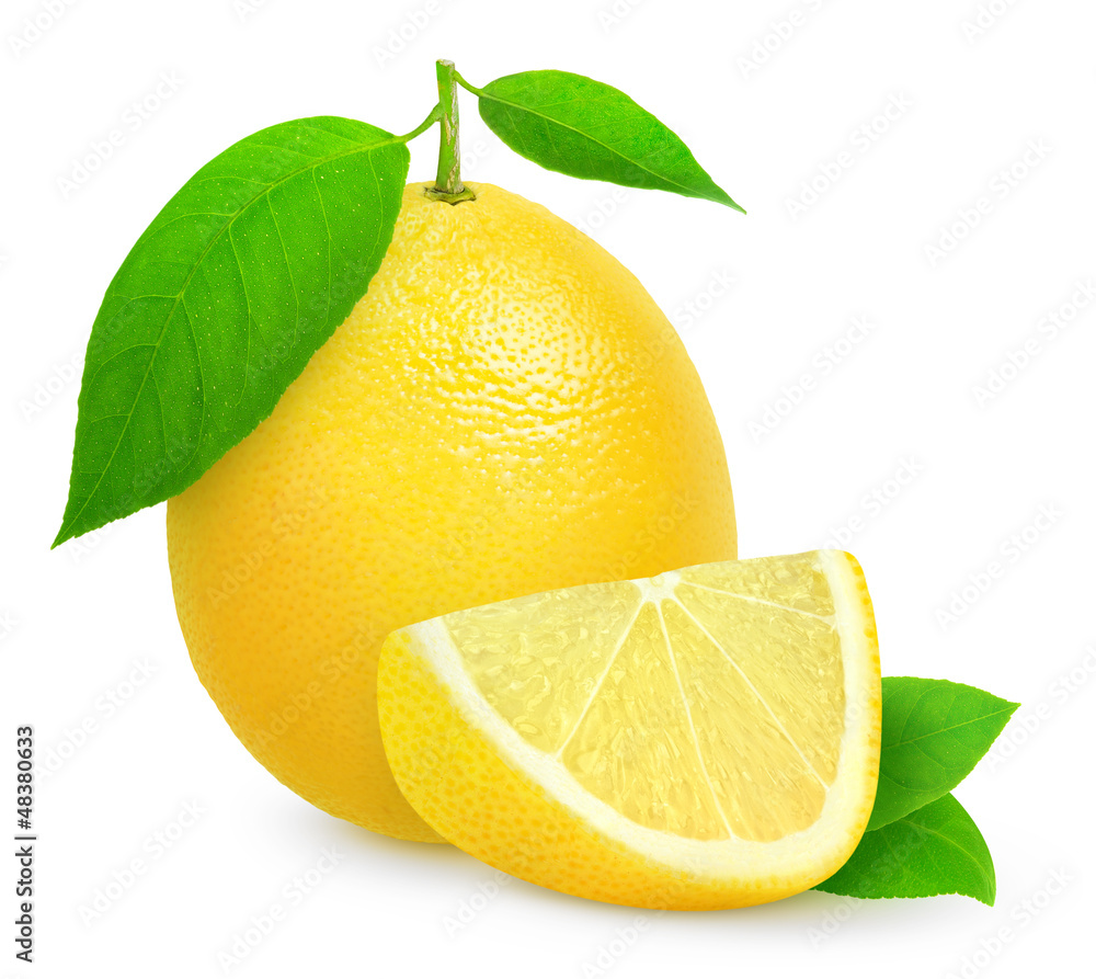 Poster isolated lemon. whole lemon fruit with leaves and a wedge isolated on white background