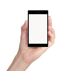 Modern mobile phone woman hand holding isolated on white backgro