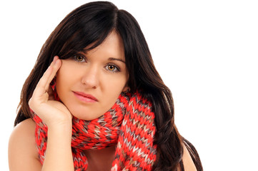 black haired woman with scarf