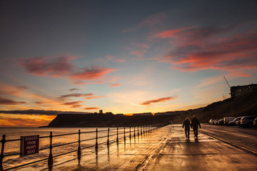 Sunrise on Scarbourgh's North Beach with the castle Silhouetted