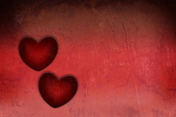 Two red grunge Valentineheart  red textured background coyspace
