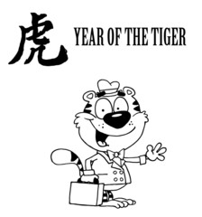 Outlined Friendly Business Tiger Cartoon Character