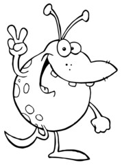 Outlined Alien Smiling And Gesturing The Peace Sign