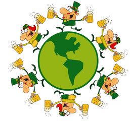 Male And Female Leprechauns Running Around A Globe With Beer