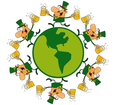 Circle Of Male Leprechauns Running Around A Globe With Beer