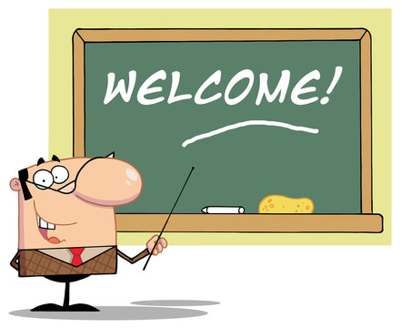 School Teacher Pointing To A Welcome Chalkboard