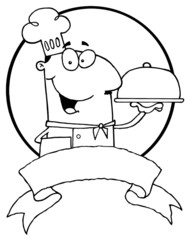 Outlined Chef Holding A Platter Over A Blank Banner And Circle