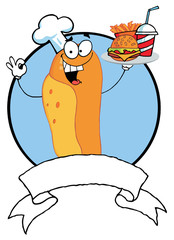 Cartoon Hot Dog Chef Holder Plate Of Hamburger And French Fries