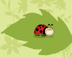 Mascot Cartoon Character Ladybug On Green Leaf In The Garden