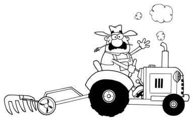 Outlined Happy Farmer Driving Tractor