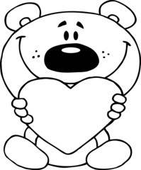 Outlined Teddy Bear Holding A Red Heart
