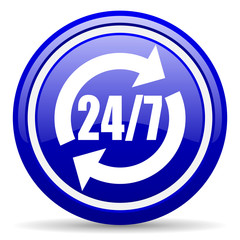 24/7 service blue glossy icon on white background