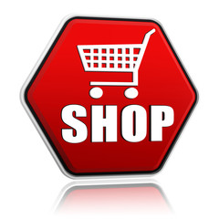 shopping cart sign with word shop hexagon banner