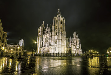 Fototapeta na wymiar Night shot of the Cathedral of Leon in a foggy day, Castilla y L