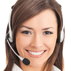Support phone operator in headset, isolated on white