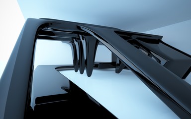 abstract interior with glossy black sculpture