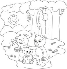 3 cute bears. Coloring illustration for little kids.