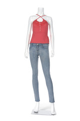 Full length female mannequin red shirt dressed in jeans