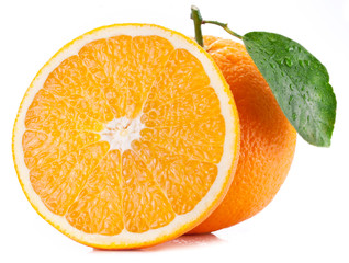 Orange with leaf on a white background.