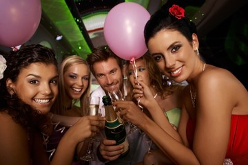 Bachelorette party in limousine - obrazy, fototapety, plakaty