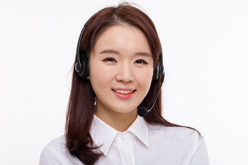Smiling call center operator business woman show thumbs 