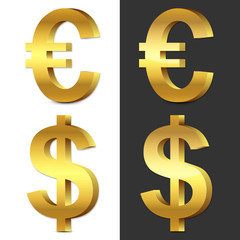 Set of 3d gold glossy Euro & U.S. Dollar icon, symbol