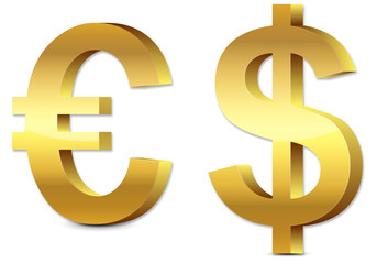 Fototapeta premium 3D gold glossy Euro & U.S. Dollar icon, symbol isolated on white