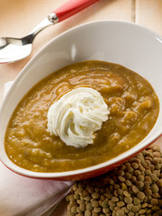 lentils cream soup with yogurt cream, vegetarian food