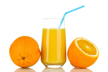 Delicious orange juice in glass and oranges next to it isolated