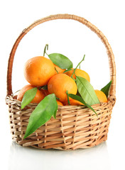 Ripe sweet tangerine with leaves in basket, isolated on white