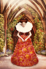 Obraz premium Red Hair Duchess in red Dress and Jabot in Ancient Abbey