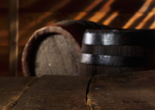 Closeup of a vintage table in a beer cellar