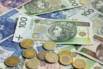 Polish money coins and banknotes background
