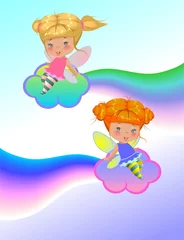 Zelfklevend Fotobehang Twee kleine feeën op de wolken © shinshilla