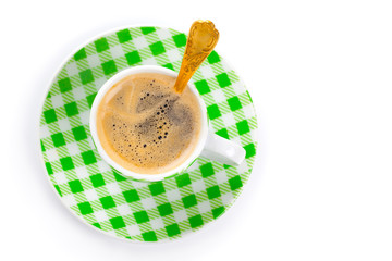 green coffee cup with golden spoon, on white background