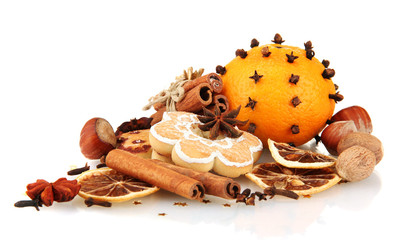 composition of christmas spices, isolated on white
