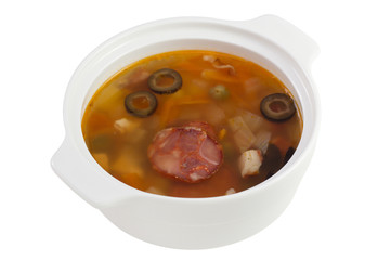 meat soup in the bowl on white background