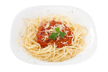 spaghetti bolognese on the white plate on white background