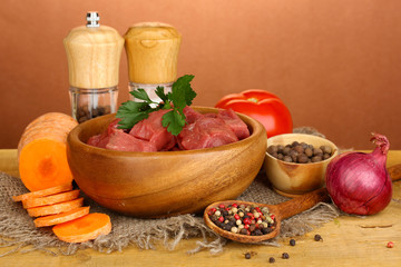 Raw beef meat marinated with herbs and spices