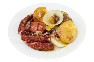 grilled octopus on the plate on white background