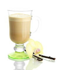 Fragrant coffee latte in glass cup with vanilla pods isolated