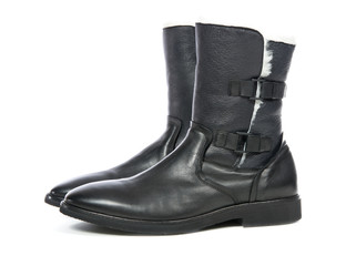 black men leather shoes for winter season with fur